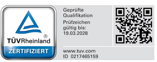 TÜV Rheinland zertifiziert, Prüfzeichen gültig bis 19.03.2028